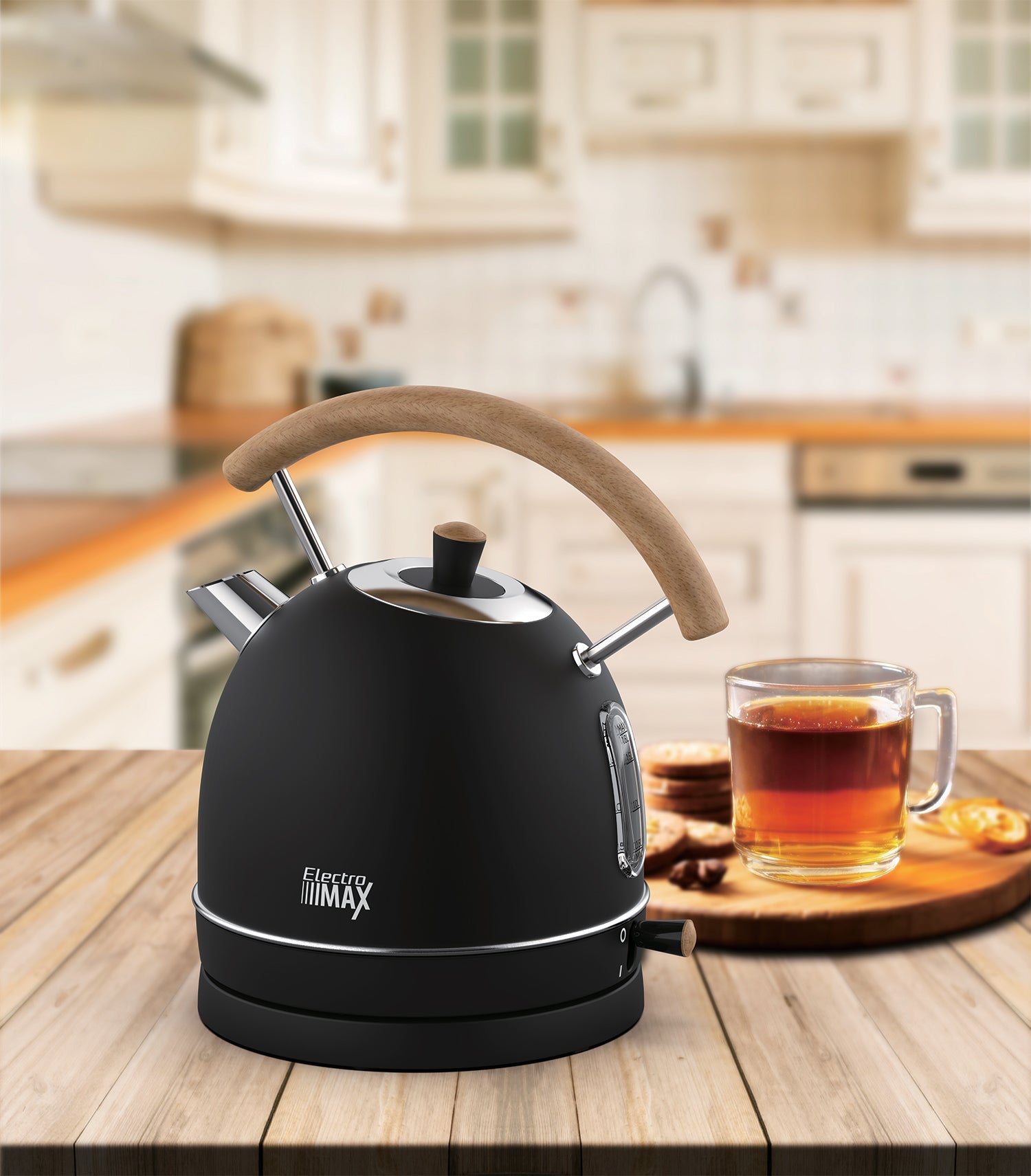 غلاية كهربائية ريترو من الفولاذ المقاوم للصدأ سعة 1.8 لتر، لون أسود + خشب
