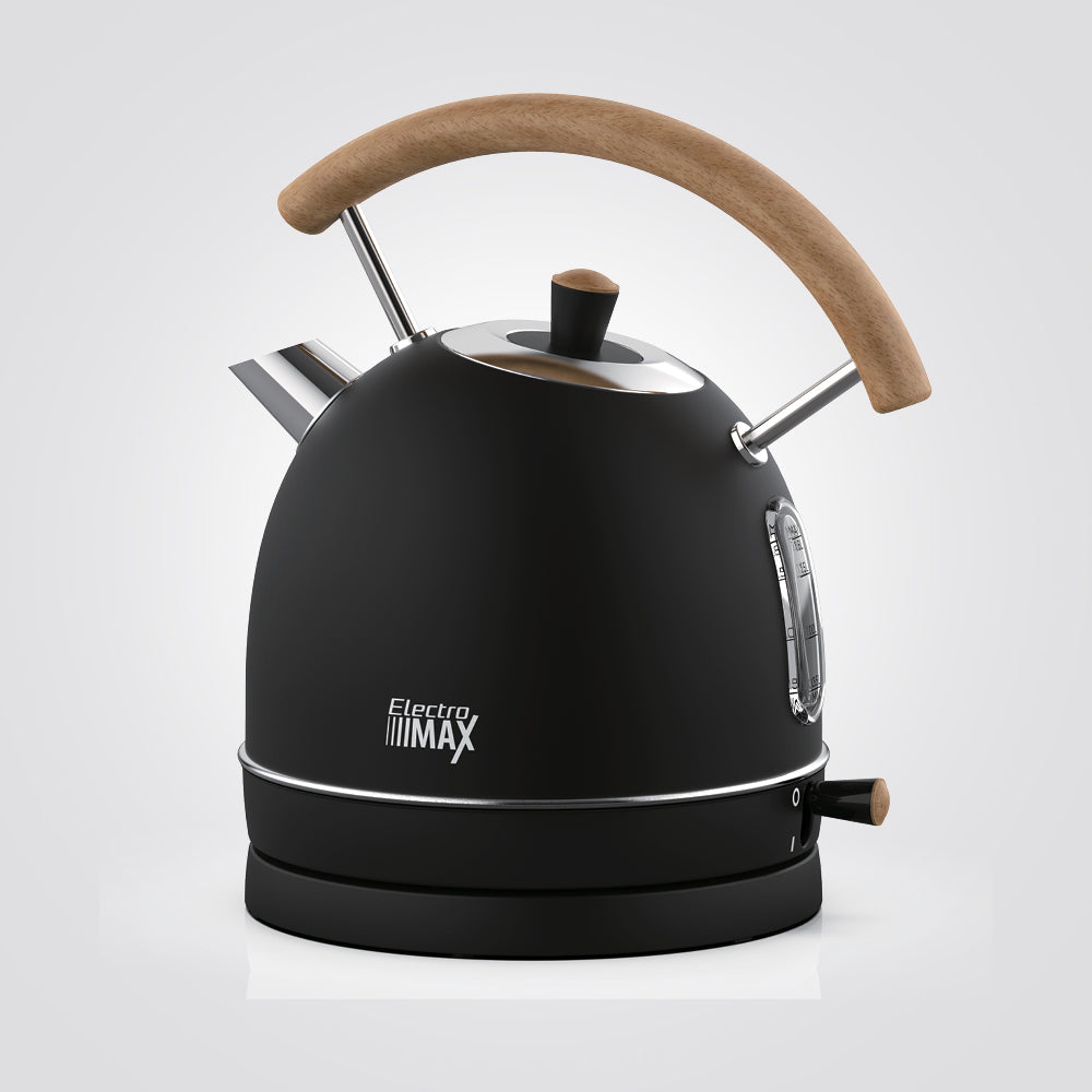 غلاية كهربائية ريترو من الفولاذ المقاوم للصدأ سعة 1.8 لتر، لون أسود + خشب