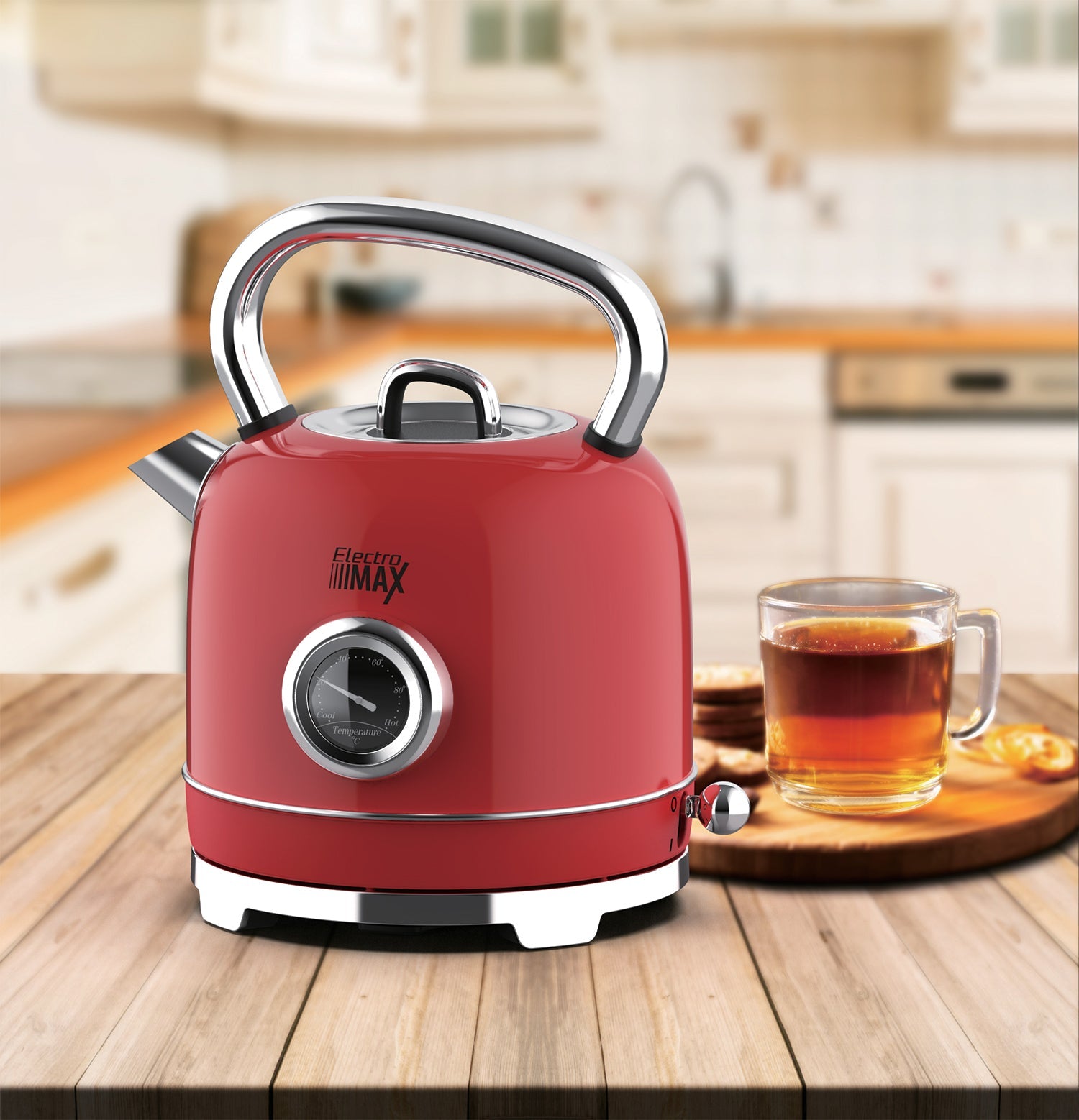 غلاية كهربائية ريترو 1.8 لتر من الفولاذ المقاوم للصدأ، لون أحمر