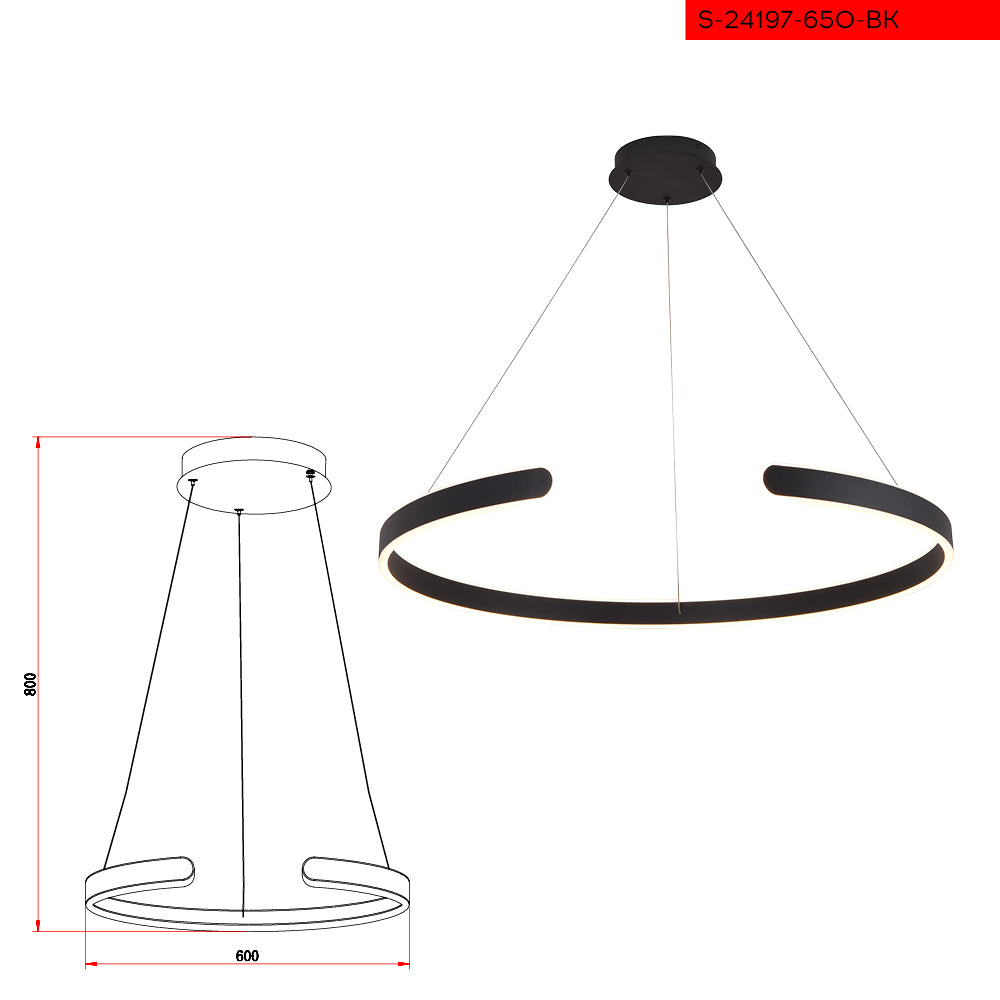 650MM 50W תליה כרם שחור עגול פתוח