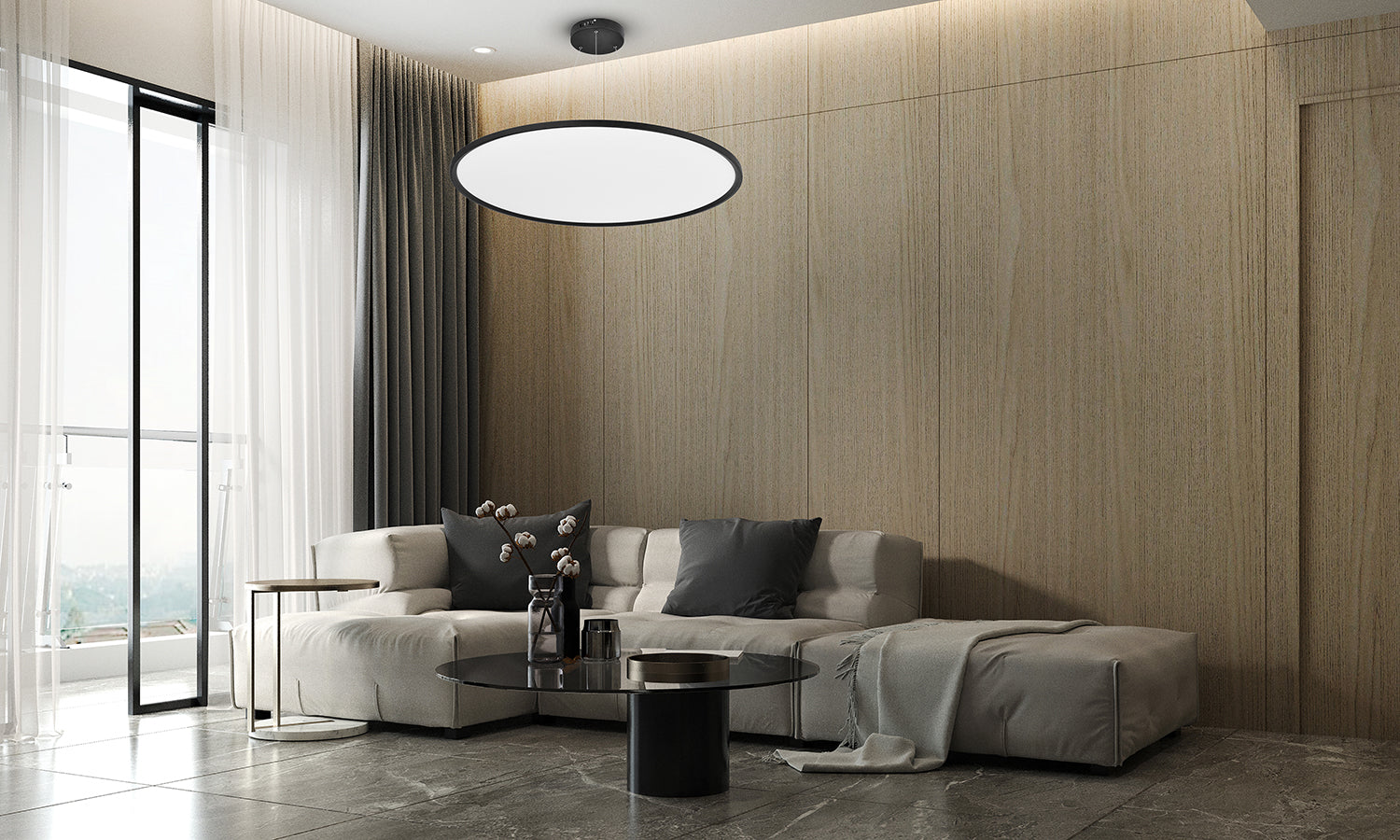 D600MM 56W פנל לד תליה אורן עגול שחור